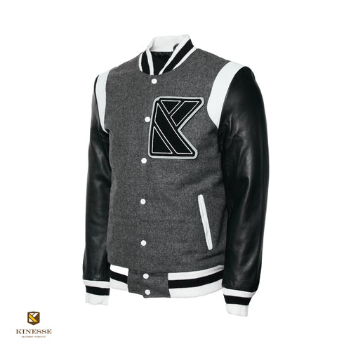 Kinesse Winter '22 Wool & Leather Varsity Jacket (Chunky Ribbed Trim Collar)